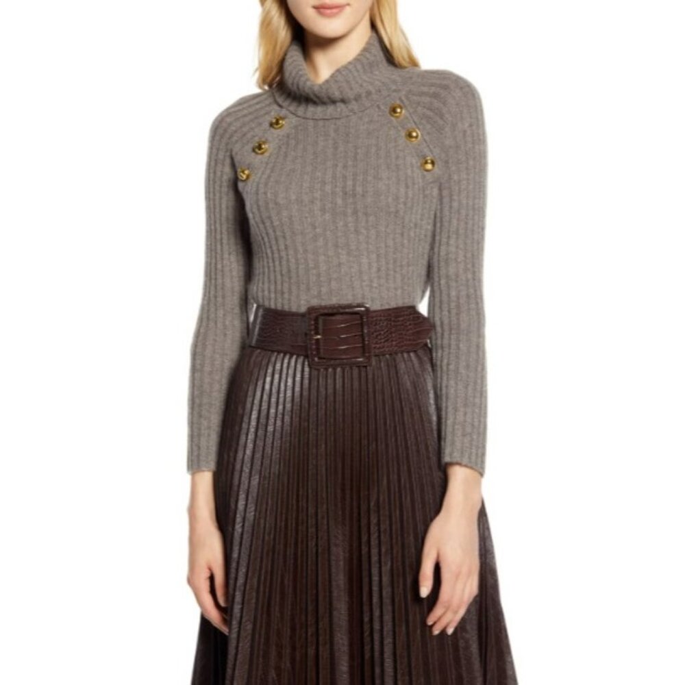 Halogen x Atlantic-Pacific Button Detail Turtleneck Taupe Sweater Wool SZ XS NEW